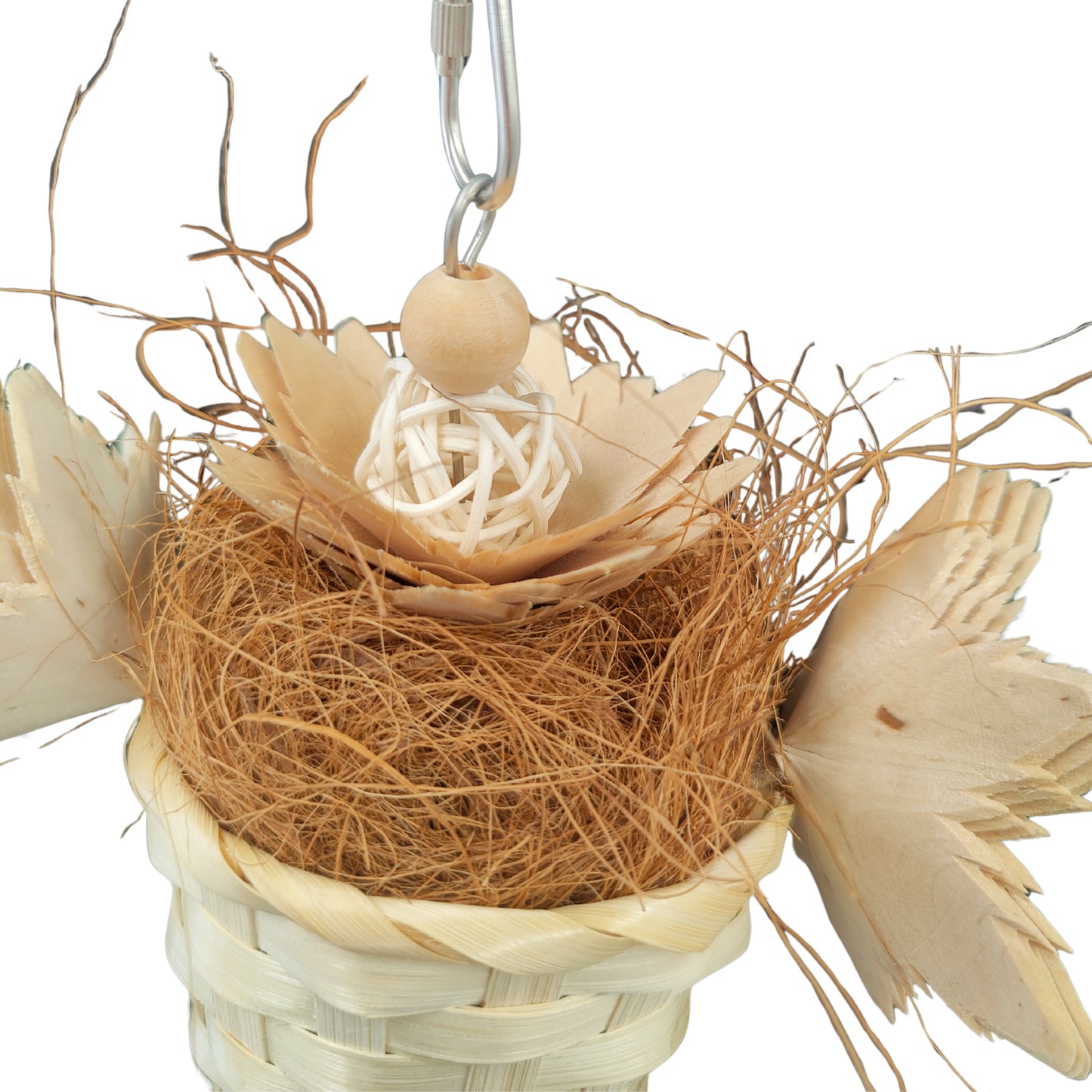 close up of 3 flowers in a pot bird toy