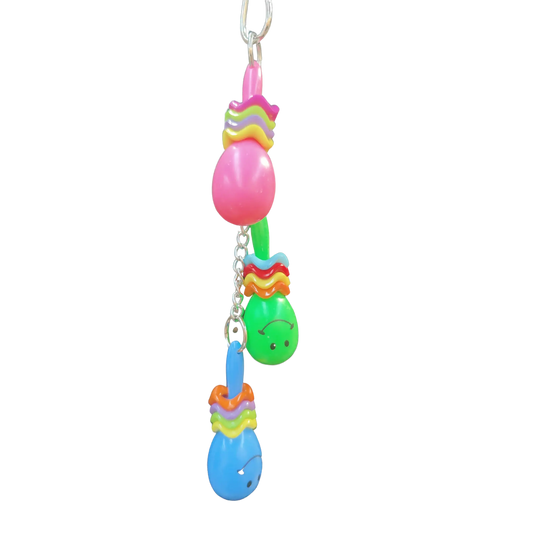 These 3 Maracas Hanging Bird Toys by Lou Lou Bells are hand-crafted with care and feature smiley face maracas and  wiggle rings for added stimulation. The nickel plated chain and quick link ensure safe and secure playtime for your feathered friend. A fun noise making and shaking toy for any bird to enjoy!