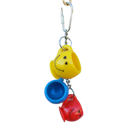 Three mini mugs hanging on a chain bird toy