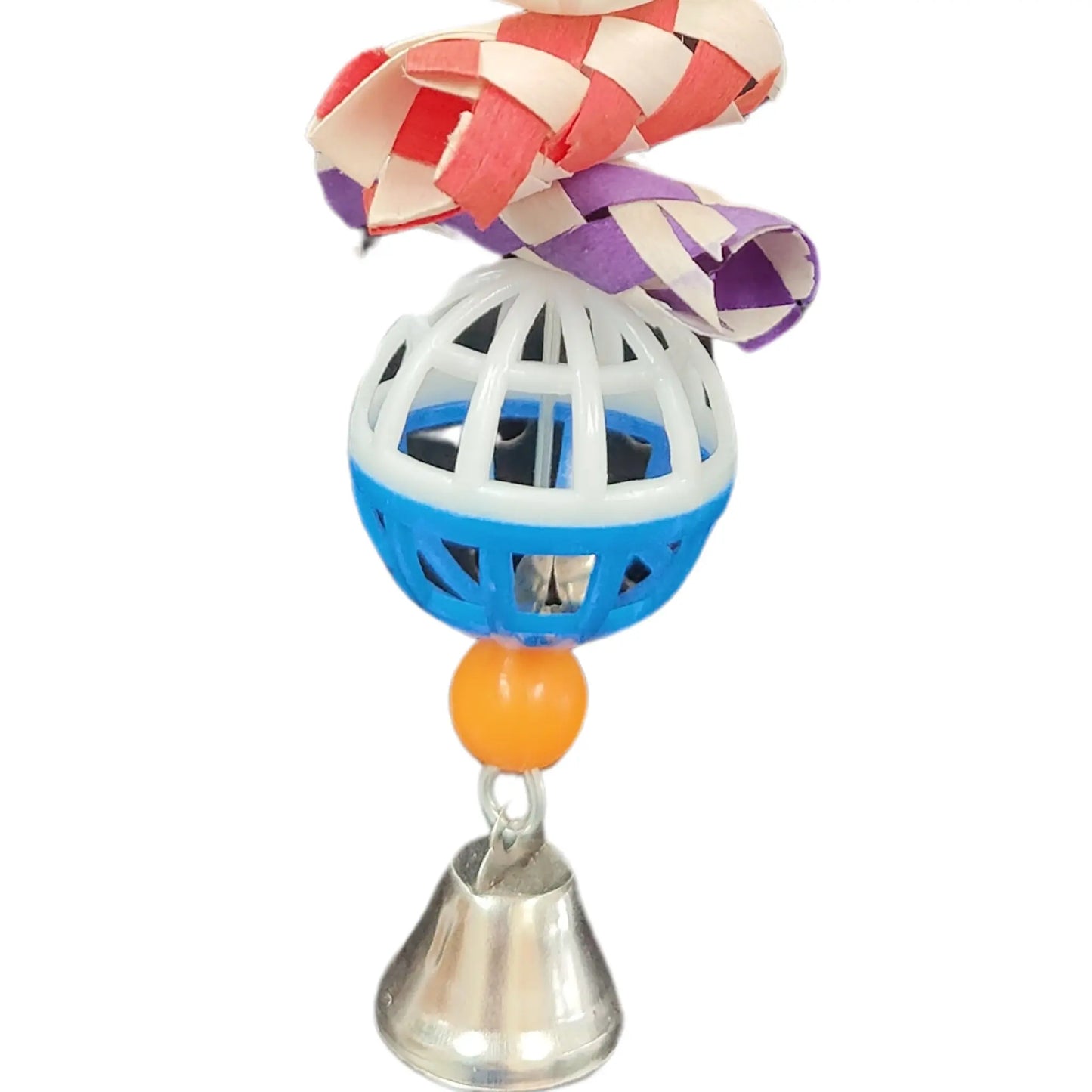 This bird toy features 3 plastic balls and pieces of cane finger traps, skewered together with a bell on the bottom. Perfect for smaller birds, this toy provides both a chewing and rattling experience. Enhance your feathered friend's playtime with this engaging and stimulating toy.