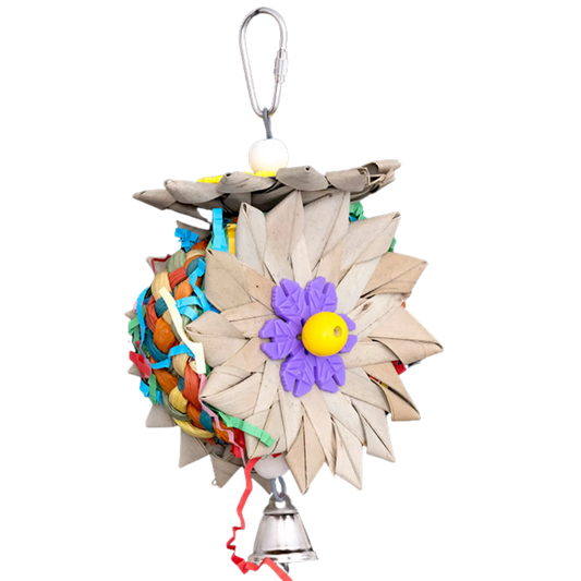This 3 Palm Leaf Flowers Bird Toy features a bell on the bottom to keep your feathered friend entertained, while the quick link makes it easy to attach to bird cages. Made with a colourful palm leaf weave, 3 palm leaf flowers and crinkle paper this toy adds an element of texture and stimulation for your bird. Measurements: 20cm H x 11cm L