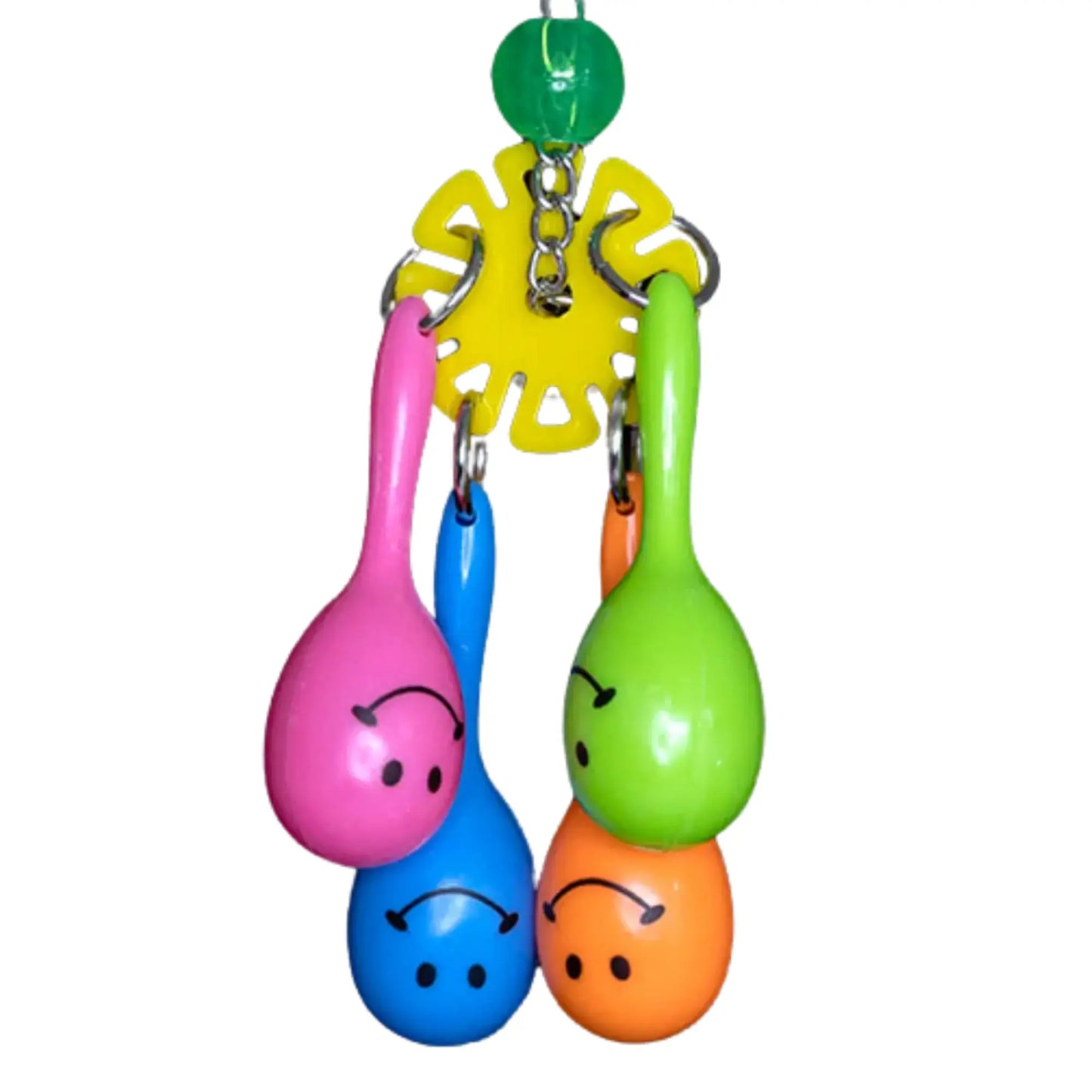 Introduce your feathered friend to the 4 Maracas Bird Toy, a colourful and entertaining addition to their cage. The handmade Lou Lou Bells Bird Toys feature 4 smiley face maracas, perfect for smaller birds to shake and make noise. Bring some musical fun to your bird's playtime!