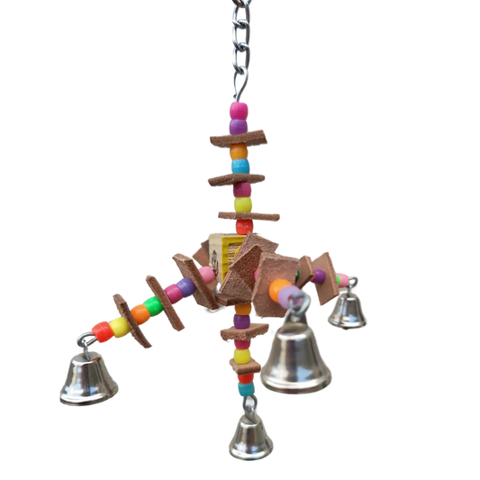 5 bells with leather bits and pony beads bird toy