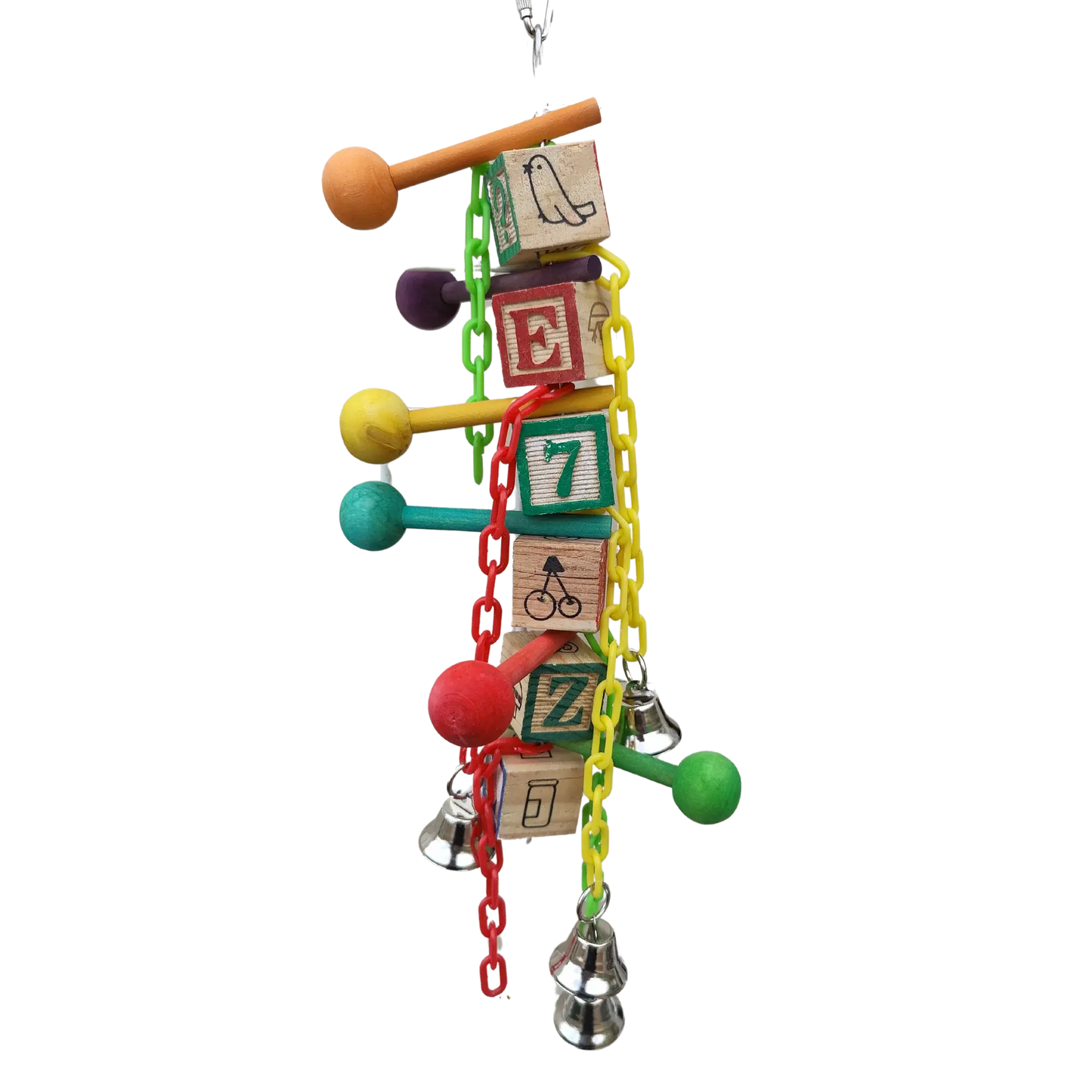 abc wood blocks with plastic chains bells and wood drum sticks bird toy