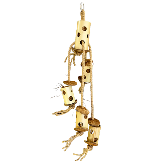 Our Bamboo Climb and Forage Bird Toy is made from natural bamboo and provides a climbing surface for your feathered friend. Plus, you can fill it with treats to stimulate their natural foraging instincts. Give your bird the ultimate playtime experience. Measurements - 60cm H x 14cm L