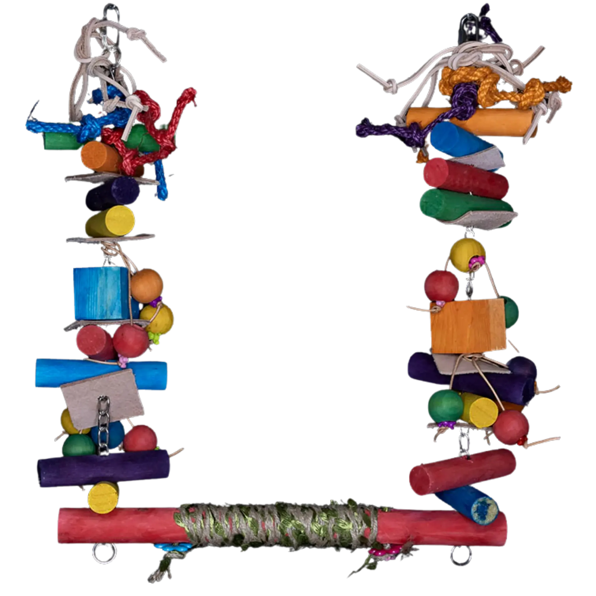 Large Swing Bird Toy with Lots Wood Blocks 
Swing that is suitable for the larger birds has lots of wooden blocks, sisal rope and leather pieces and cord. 28*65cm,