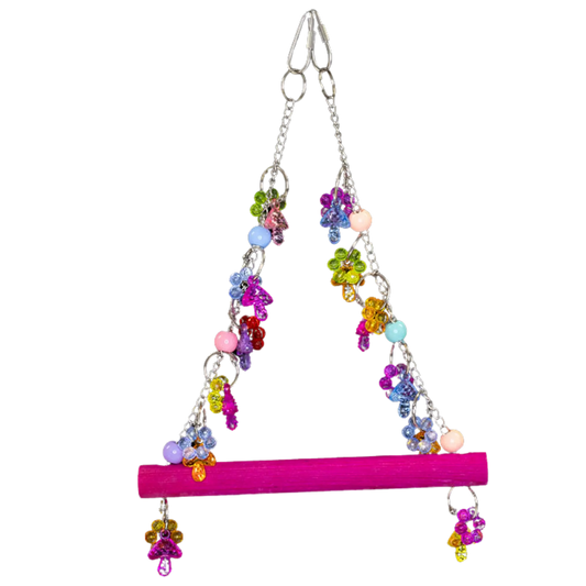 Swing with Bling Beads Bird Toy. A glitzy swing packed with sparkling beads, perfect for small to medium-sized birds to perch, play, and shine. Size: 20 cm x 30 cm