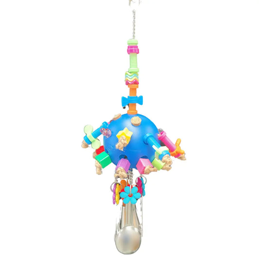 Plastic ball with spinners, cork, plastic beads, flowers, and metal measuring spoons bird toy