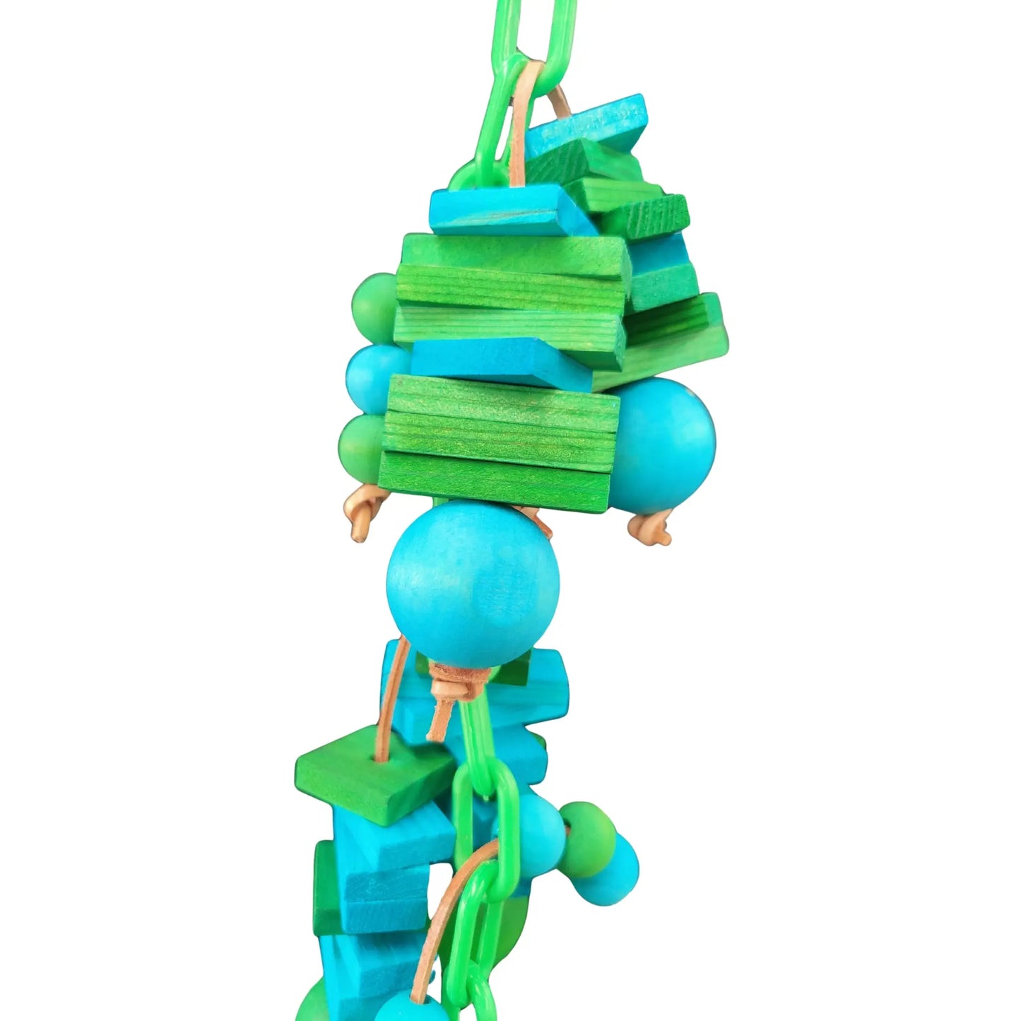 close up blue green bird toy