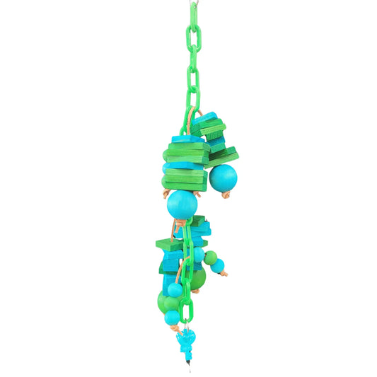 blue and green wood blocks on plastic chain bird toy