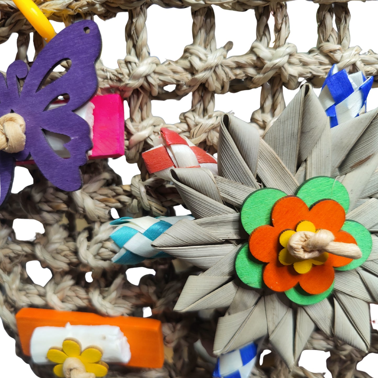 close up of the butterfly mat bird toy