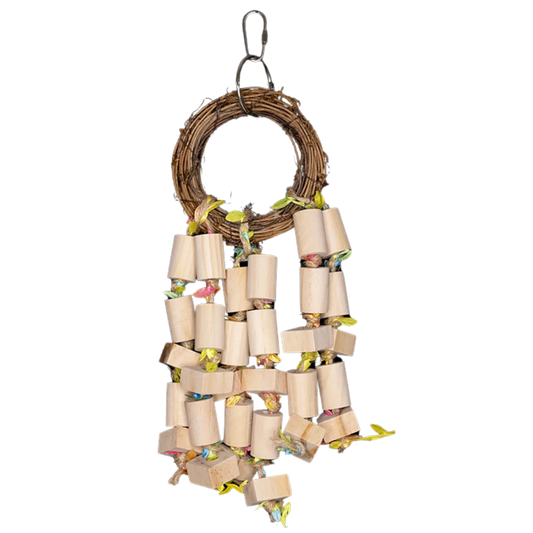 Cane Ring with Wooden Blocks Bird Toy. A natural cane ring loaded with hanging wooden blocks, perfect for chewing and play. Ideal for medium-sized birds. Size: 10 cm x 33 cm