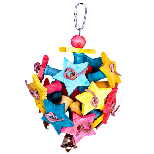 Small ball with loads of stars coming out of the ball. Stars are connected to the ball with leather cord. Connect to the cage with a quick link at the top and a bit of music at the bottom with a bell for your bird to play with.