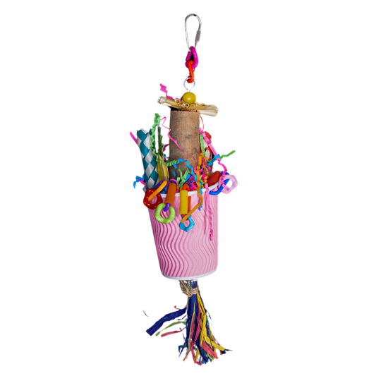 This cup bird toy is full of shredded paper finger traps and has lots of goodies hanging from it. Your feathered friend will have fun playing and chewing this cool toy. Measures: 36cm x 10cm