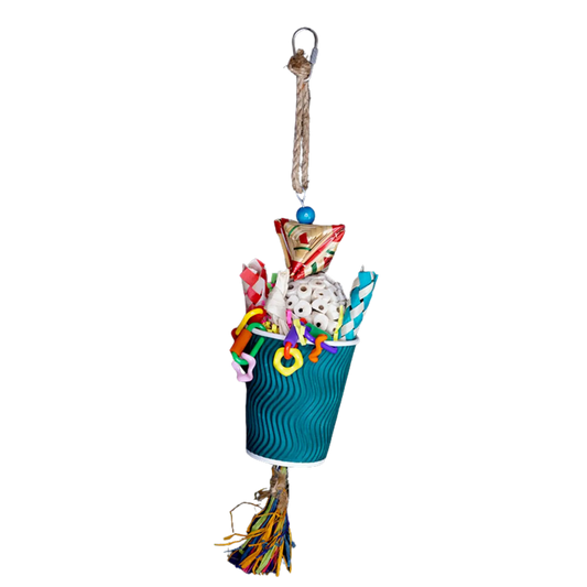 Blue cup bird toy with a balsa ball and finger traps inside it. Fun bits on, above and below the cup for your bird to play and chew Measures 10cm w x 38cm h