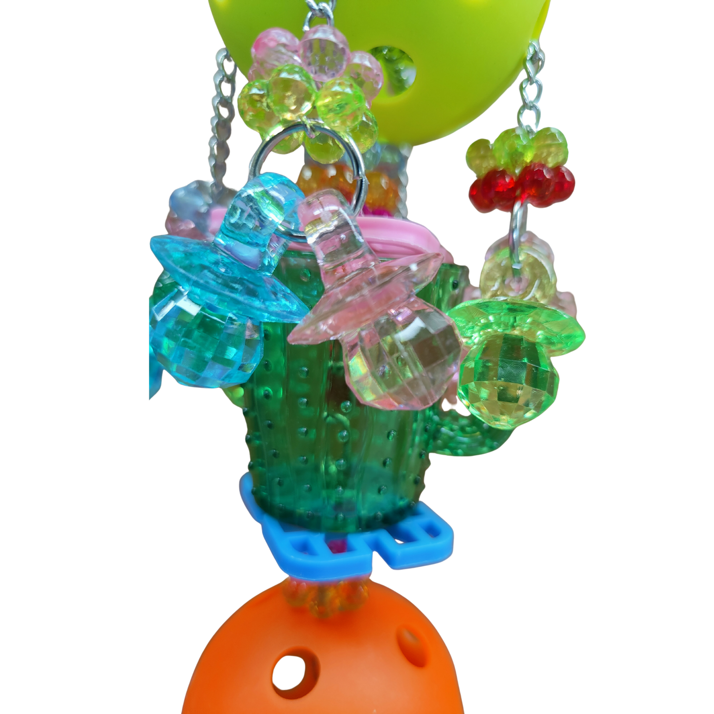 close up of the cactus cup and diamond dummies of the cactus and two balls bird toy