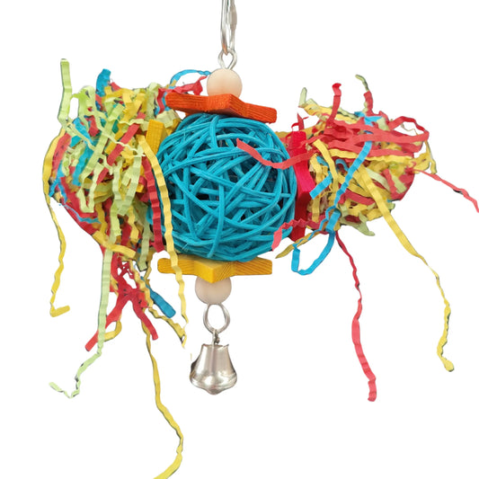 crinkle paper in a cane ball bird toy with wood stars