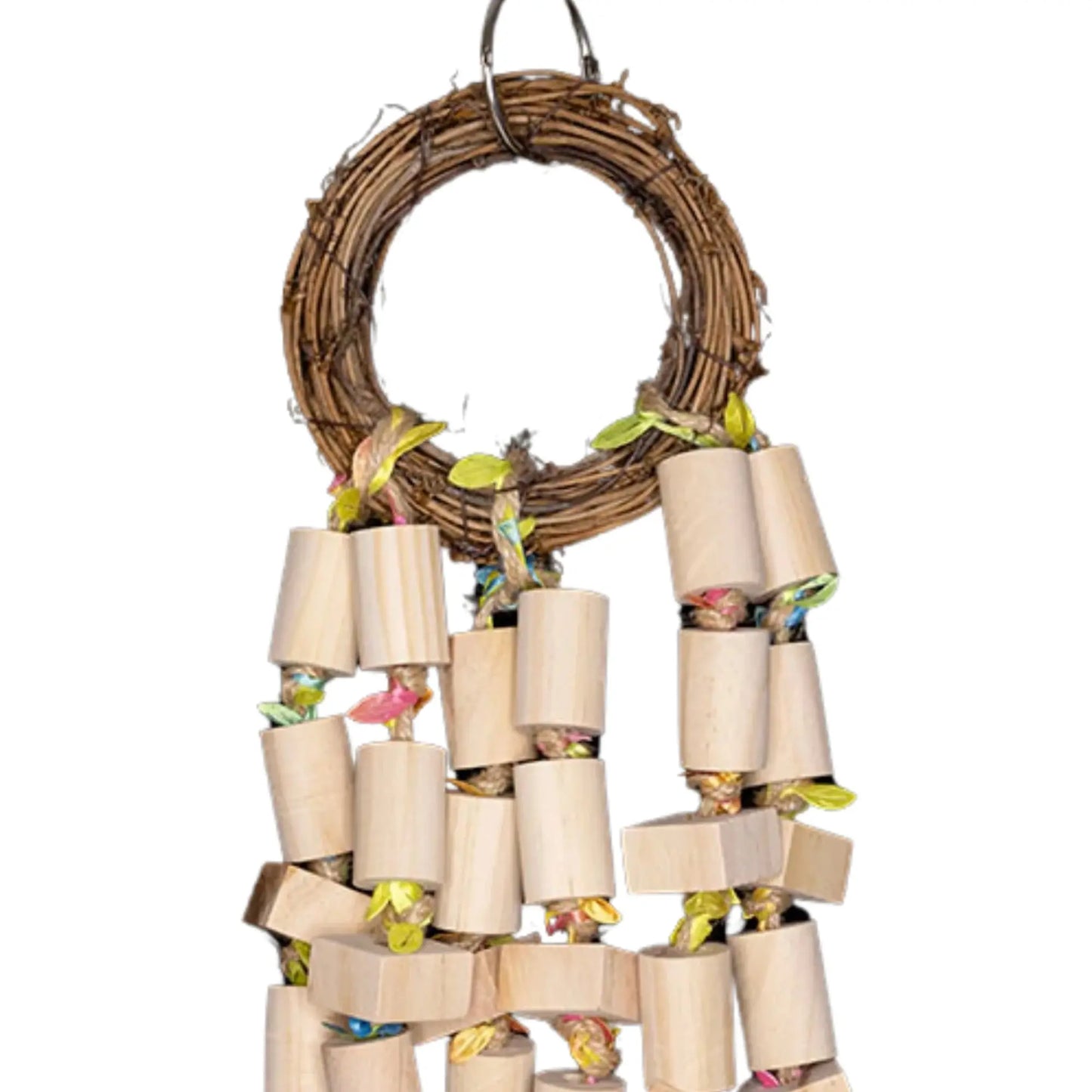 Closeup Cane Ring with Wooden Blocks Bird Toy. A natural cane ring loaded with hanging wooden blocks, perfect for chewing and play. Ideal for medium-sized birds. Size: 10 cm x 33 cm
