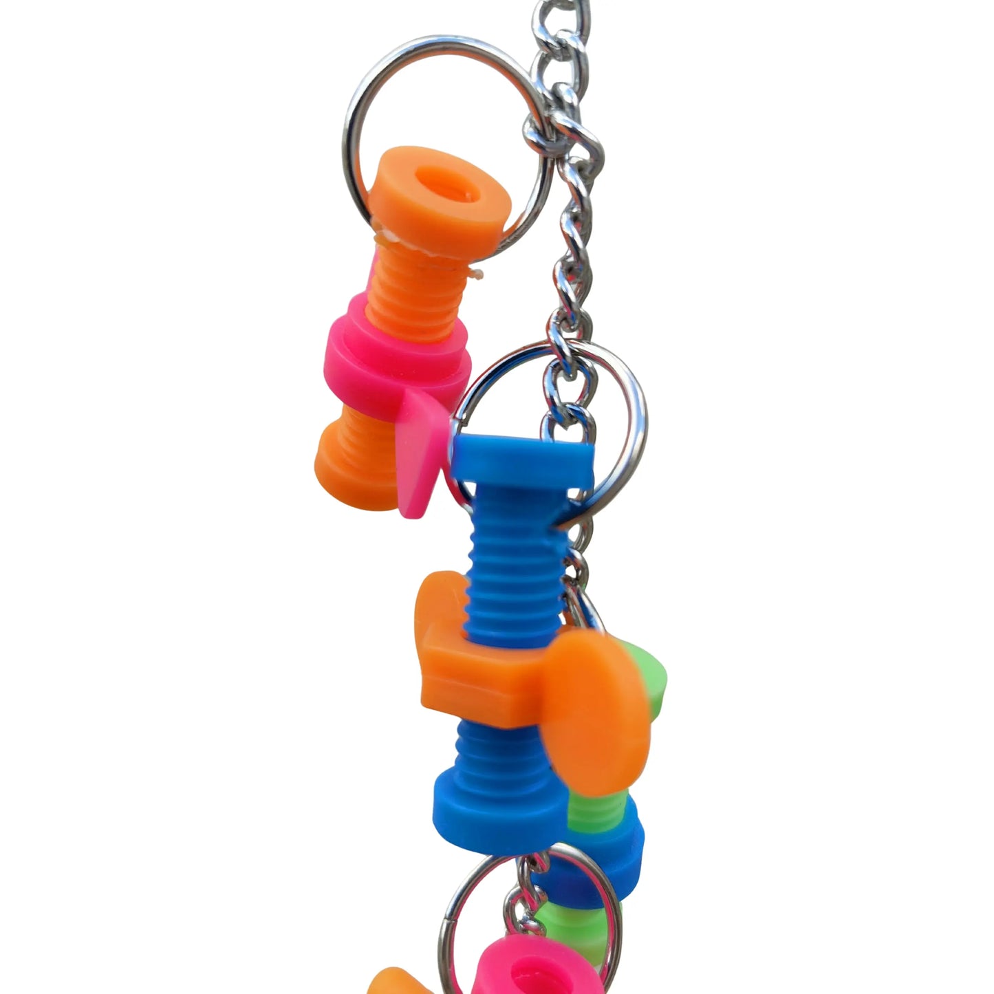 close up of the chain of spinners bird toy