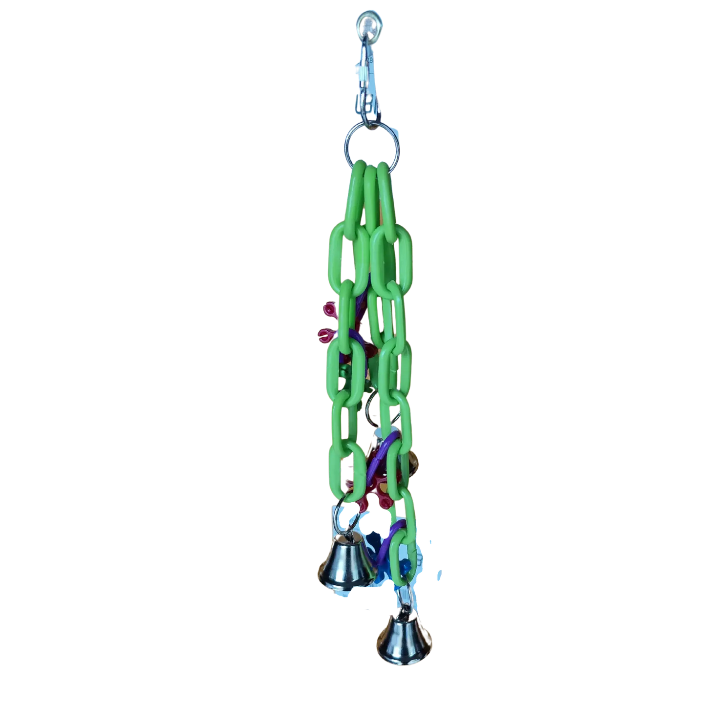 plastic chains with bells and bits hanging off it bird toy
