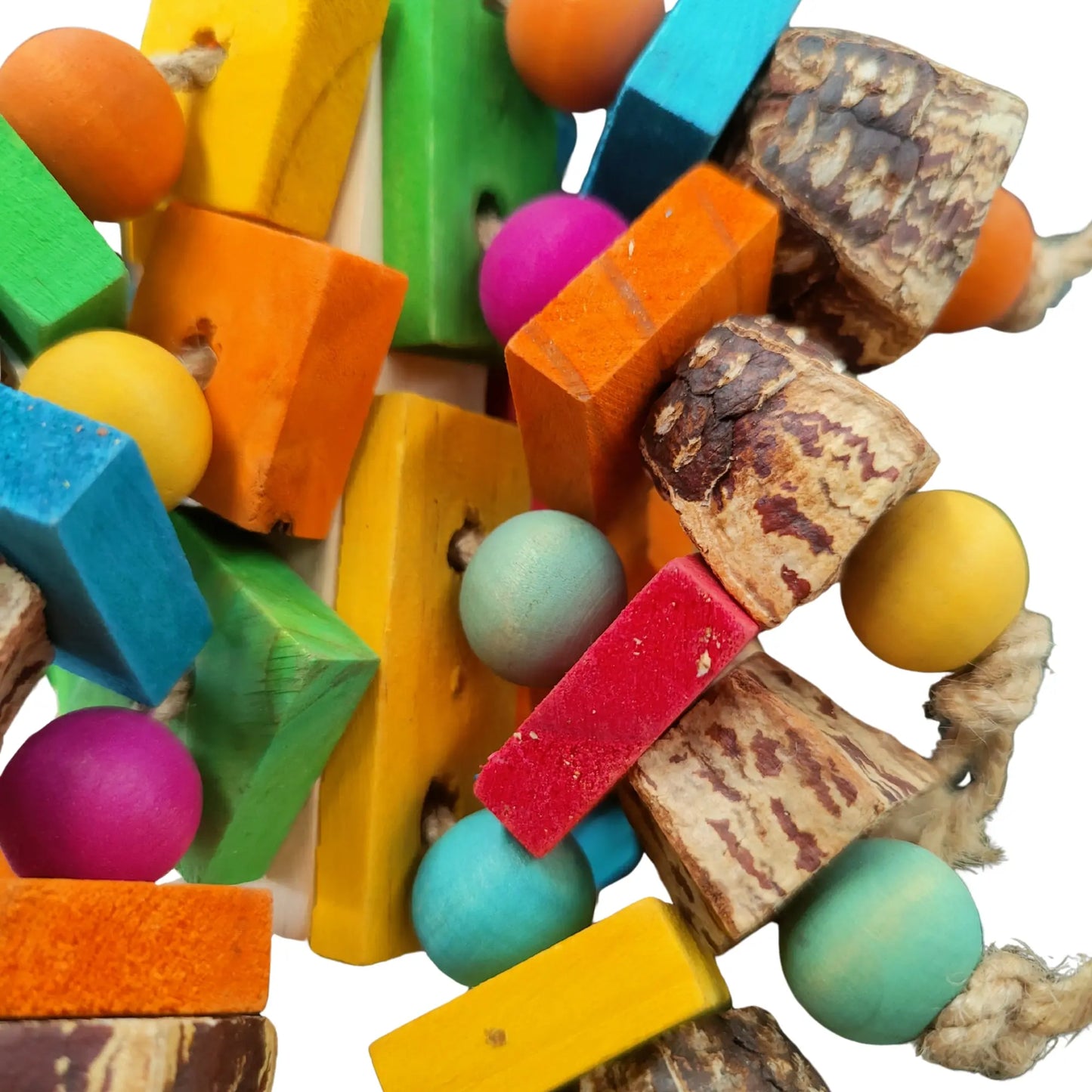 close up of the chunky mahogony block bird toy