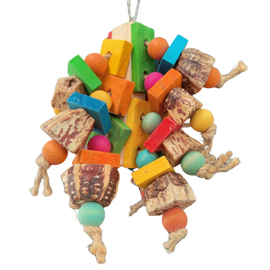 block bird toy with mahogony pods and coloured blocks