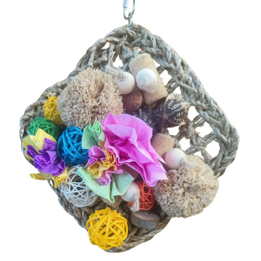 Mat bird toy with clusters of shredable fun