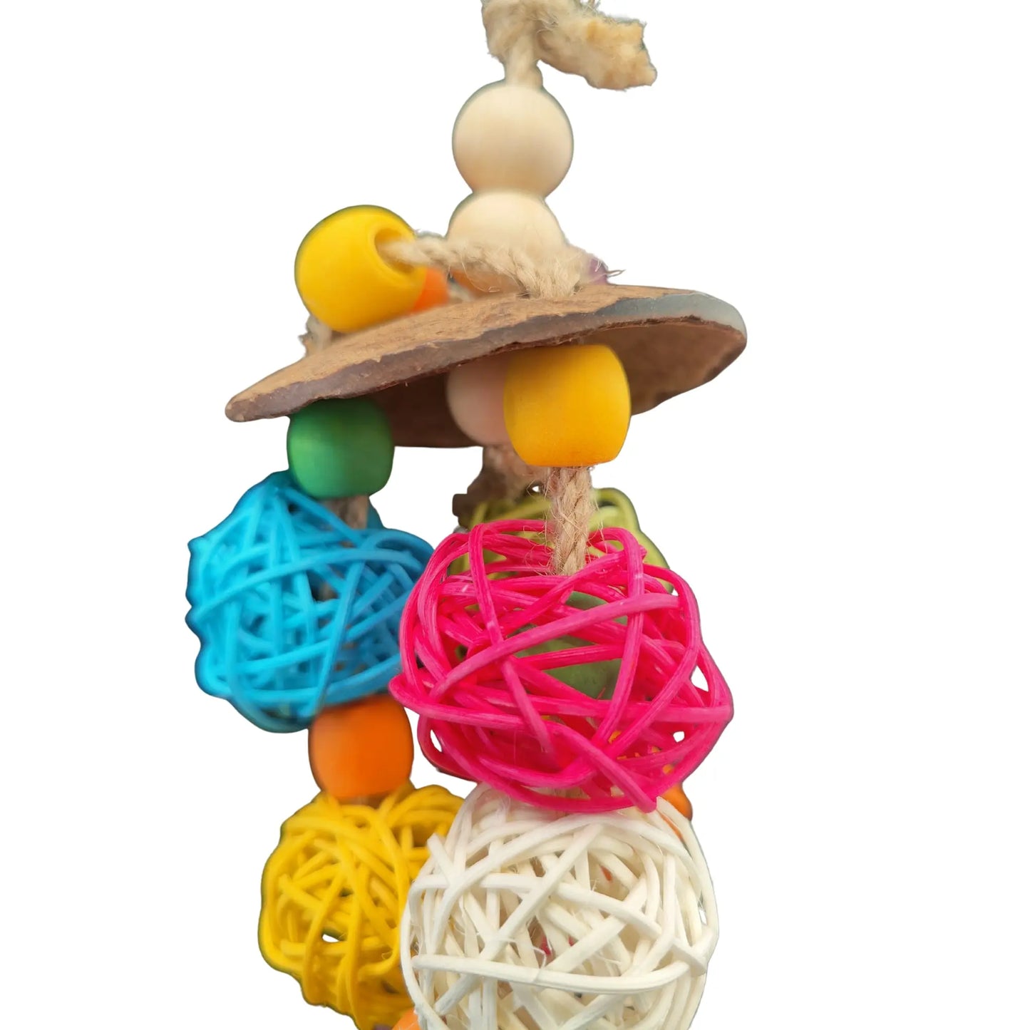 close up of the coconut cap bird toy