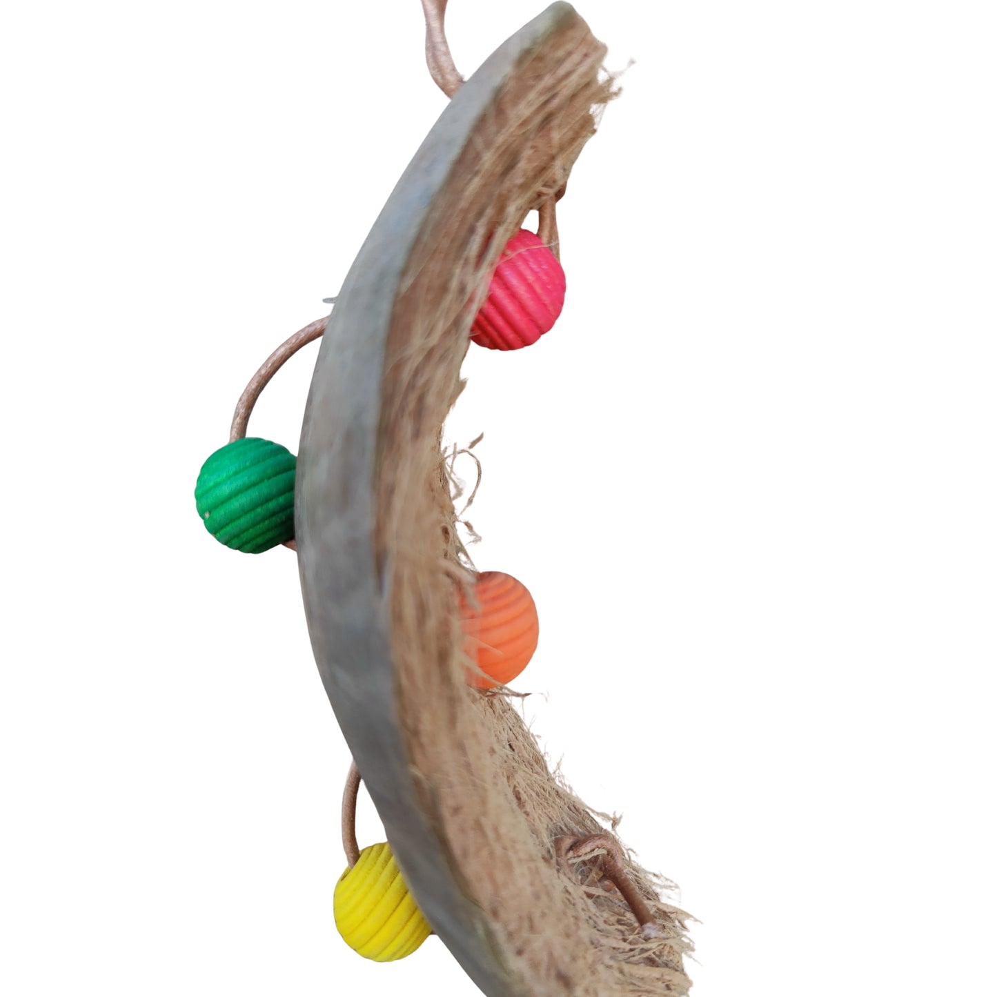 close up of the coconut weave bead bird toy