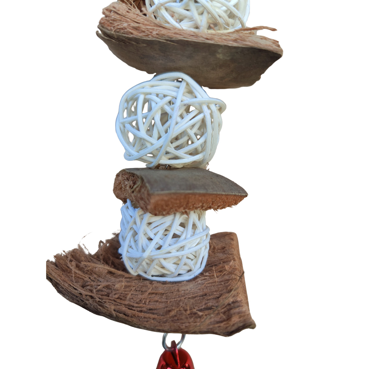 close up of layered coconut and cane balls bird toy