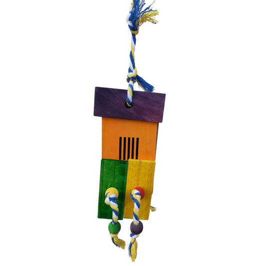 coloured cardboard and wood slats bird toy