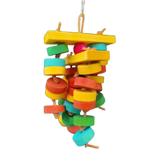 Colorful bird toy with wooden blocks and wooden rings
