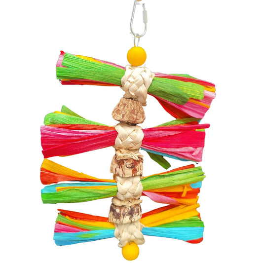 colourful shredable bird toy with maogony pieces