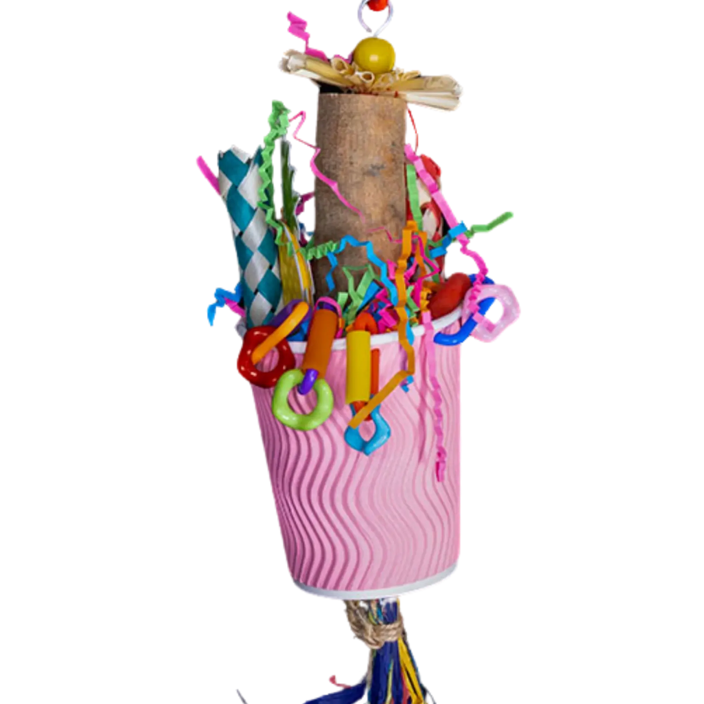Close up Image - This cup bird toy is full of shredded paper finger traps and has lots of goodies hanging from it. Your feathered friend will have fun playing and chewing this cool toy. Measures: 36cm x 10cm
