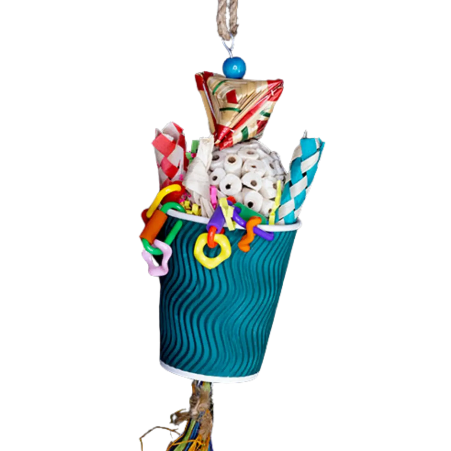 Closeup Image of the toy - Blue cup bird toy with a balsa ball and finger traps inside it. Fun bits on, above and below the cup for your bird to play and chew Measures 10cm w x 38cm h
