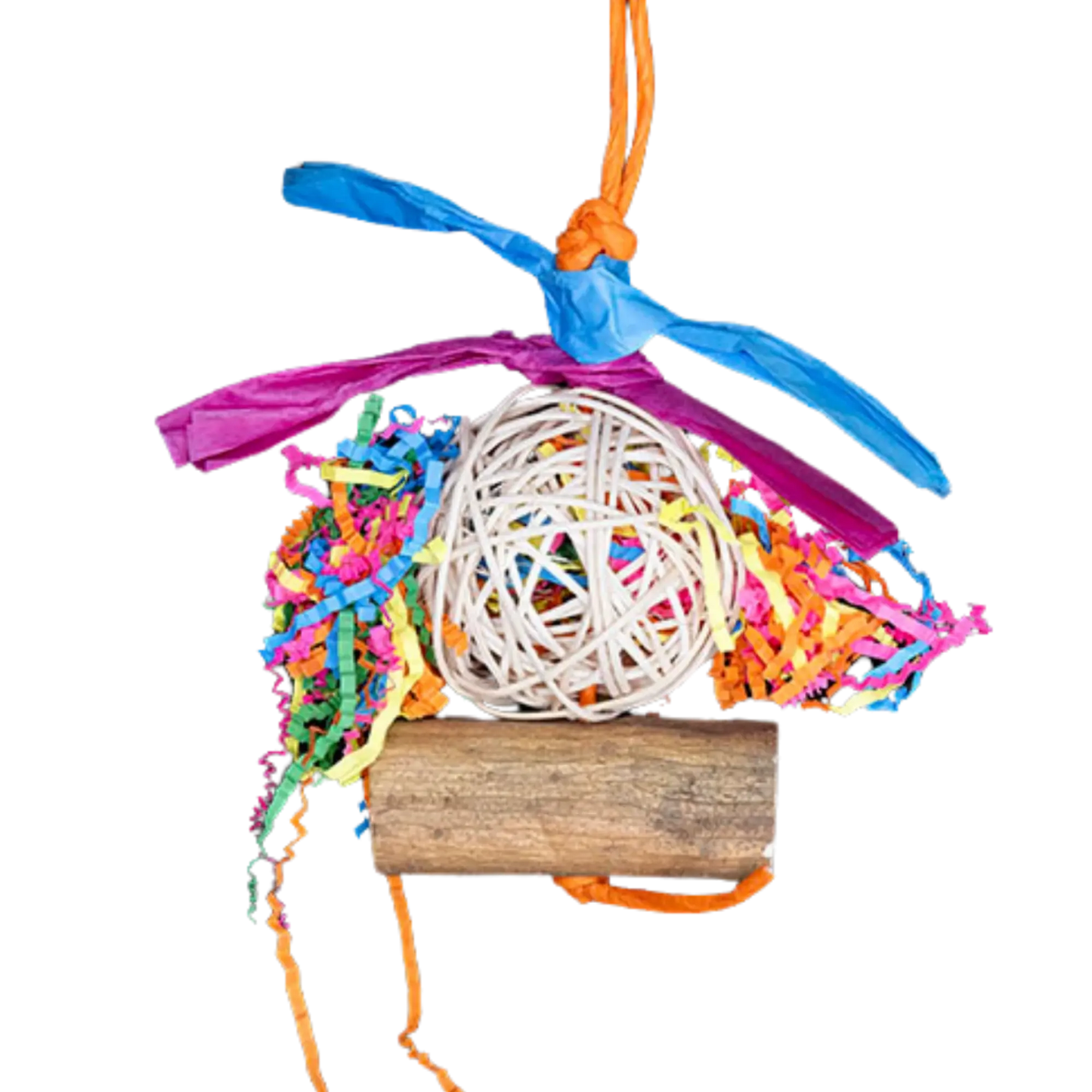 Closeup Image -The Cutie Copter Bird Toy resembles a little helicopter with a wooden base, cane ball, and paper bladesāall perfect for shredding fun! Ideal for small to medium-sized birds.
Height: 24 cm