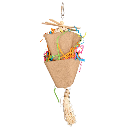 Two cardboard cups with shredded paper and the top cup has a sola ball in it. Fun shredable toy for small and medium sized birds. 10cm w x 34cm h.