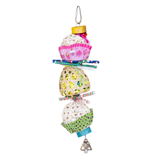 Chew Chew Chew three fun balls to chew and shred in this cool hanging bird toy suitable for small and medium sized birds. Measures: 32cm H x 10cm L