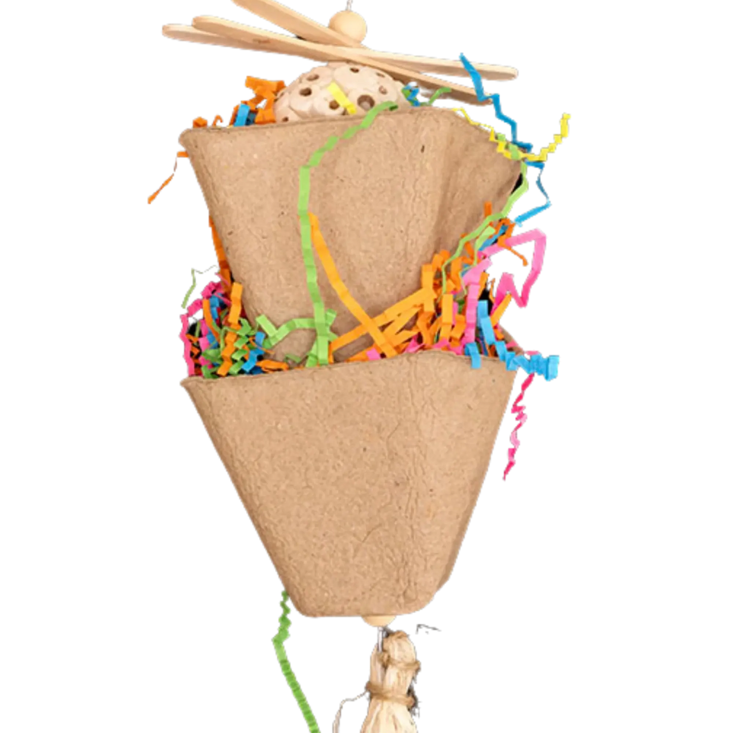 Closeup Image- Two cardboard cups with shredded paper and the top cup has a sola ball in it. Fun shredable toy for small and medium sized birds. 10cm w x 34cm h.