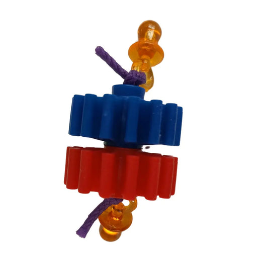 2 gears 2 dummies joined together with pauley rope to make this foot bird toy
