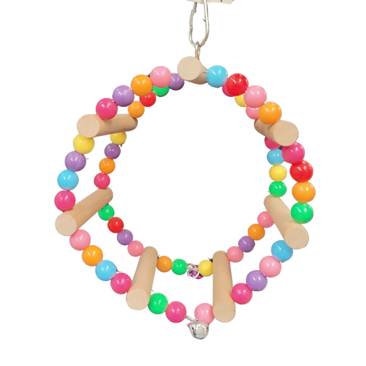 two rings of beads joined together with wood poles to form a double swing bird toy