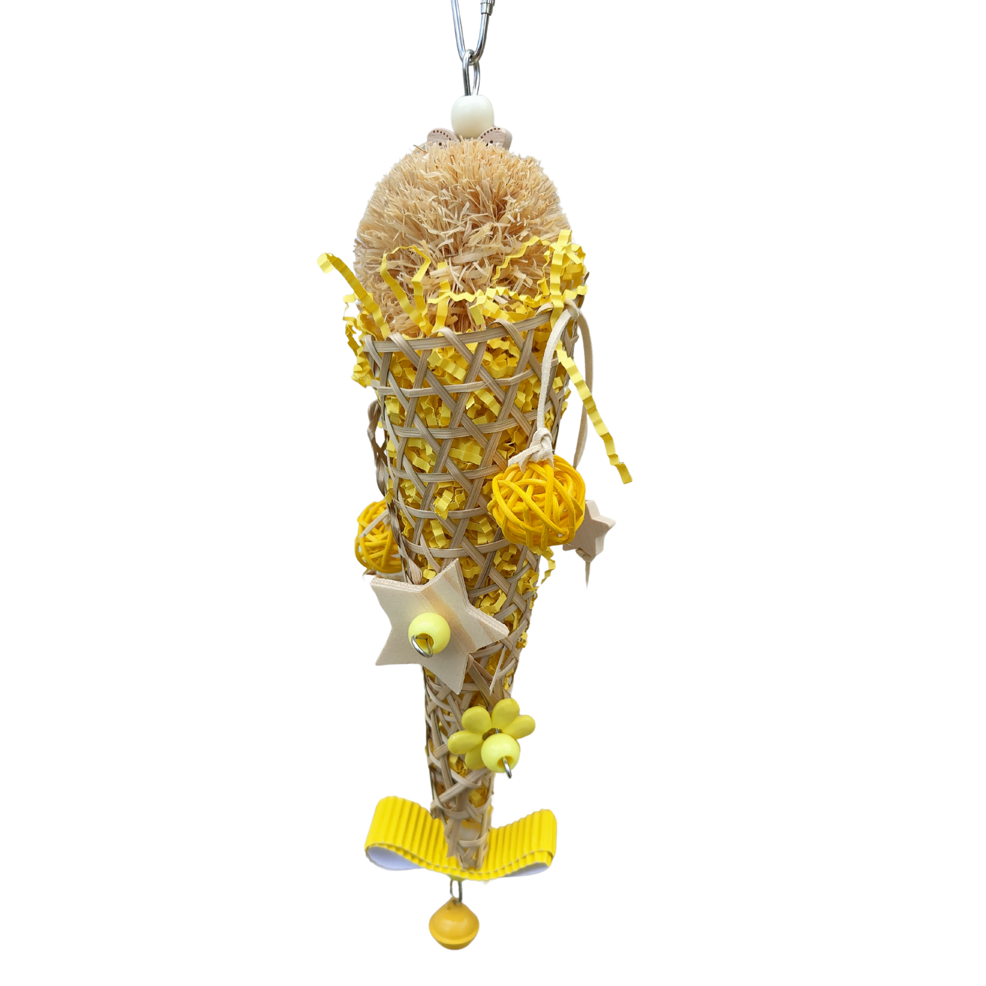 dressed cone bird toy filled with shredded paper