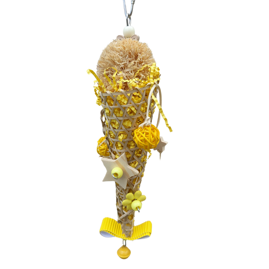 dressed cone bird toy filled with shredded paper