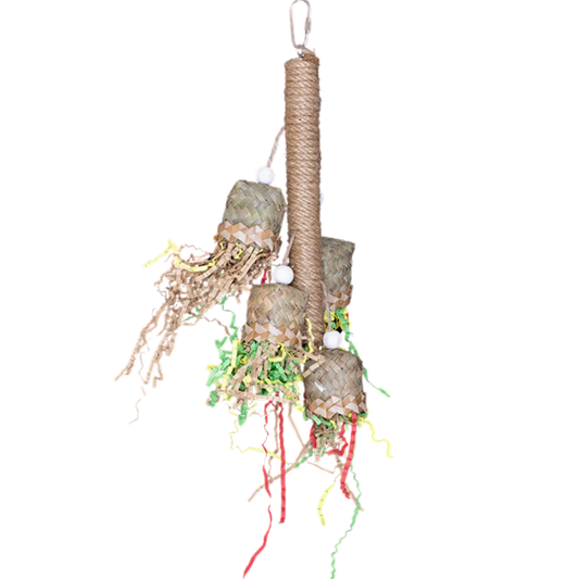 A natural, shreddable toy featuring a jute-wrapped stick with four upside-down baskets filled with crinkle paper. Perfect for medium-sized birds to explore and destroy. Size: 128 cm H x 14 cm L