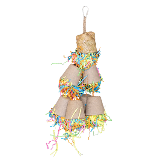 lots of upside down paper filled cups joined together cascading down from the top cup. This is a messy toy for medium sized birds who will have hours of fun shredding it, Your larger birds can also enjoy this toy but it will not last as long. 38cm hanging