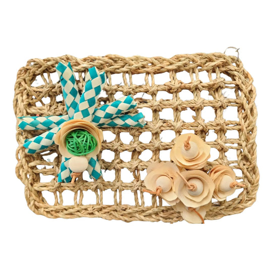 bird toy that is a mat with finger traps and wood flowers