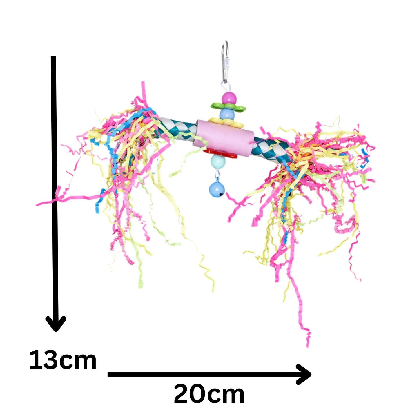 Measurements - Closeup - Finger Trap Fun Bird Toy
Small but full of excitement, this shredable toy is perfect for little birds to chew, pull, and play with for hours.
Size: 13 cm x 20 cm