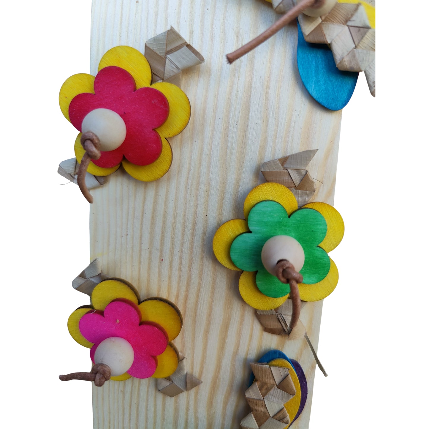close up of the flower board bird toy