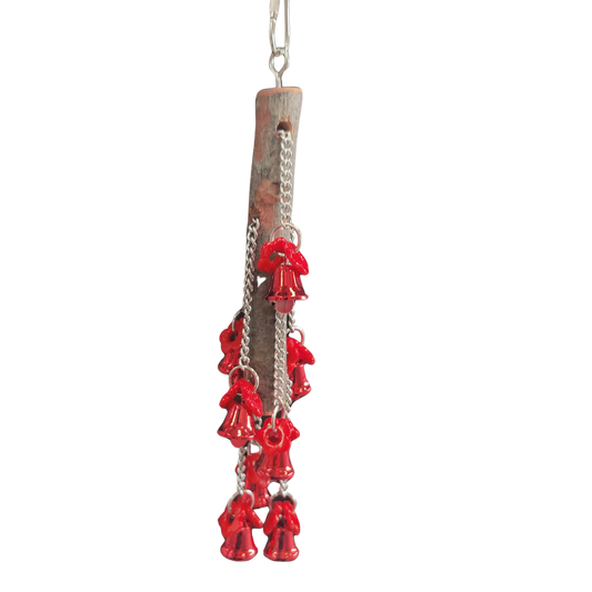 8 bells and 16 flowers are on 4 chains that can be pulled back and forth through a natural piece of wood bird toy