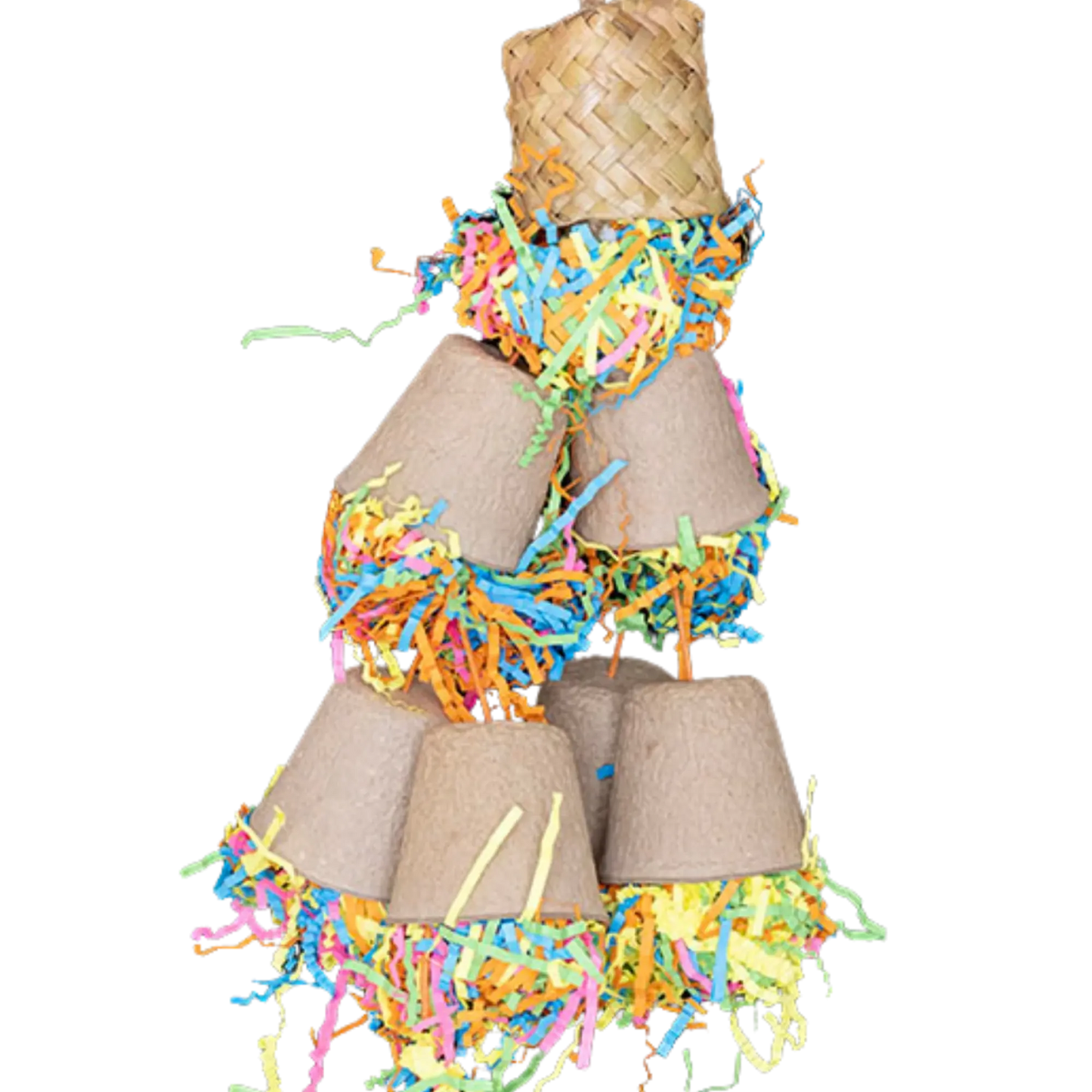 Close up image - lots of upside down paper filled cups joined together cascading down from the top cup. This is a messy toy for medium sized birds who will have hours of fun shredding it, Your larger birds can also enjoy this toy but it will not last as long. 38cm hanging